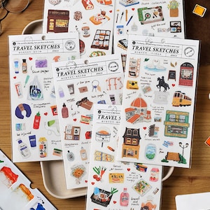 Pegatinas de bocetos de viaje / pegatinas de tiendas de conveniencia / pegatina de color de maleta de viaje / pegatina de cafetería / pegatina mínima de servicios de viaje