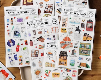 Travel Sketch Stickers: Suitcase, Coffee Shop, Amenities