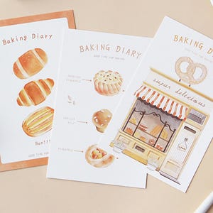Baking Diary Postcards Collection (30pc) | Bakery Bread Cards Set | Baguette Drawing Postcards Box | Bagel cards | Sandwich Croissant Cards