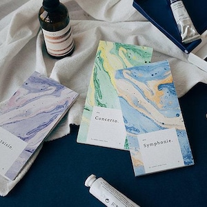 以下が含まれることがあります： 青、緑、黄色の抽象的な水彩デザインのノート。 ノートには「Fantaisie」、「Concerto」、「Symphonie」などのタイトルが付いています。 水彩絵の具のパレット、絵の具のチューブ、ボトルも表示されています。