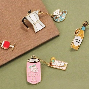 Japanese Beverage Copper Pin: Coffee, Beer, Wine Brooch