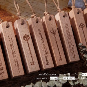 May include: Wooden rectangular bookmarks with a key design and text. Each bookmark is made of light brown wood and has a leather cord attached. The key designs vary. The text includes coordinates and the word "something".