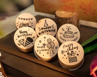 Happy Birthday Wood Stamp Set: Gift Symbol Rubber Seals (Set of 6)