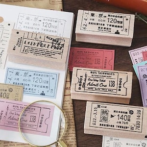 Juego de sellos de madera con billetes de viaje antiguos / Sellos de billetes de transporte antiguos / Sellos de tranvía de Tokio / Sellos de tren de Nueva York / Sellos de Cambridge para álbum de recortes