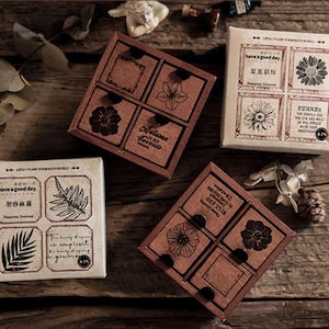 Four Season Drawer Stamp Collection | Flower Stamp Icon | Decorative Flower Wooden Stamp Rubber Seal | Nature Stamp | Retro Plant Stamps Set