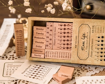 Zeitreise Serie Holzstempel: Mondphase, Kalender, Tagebuch