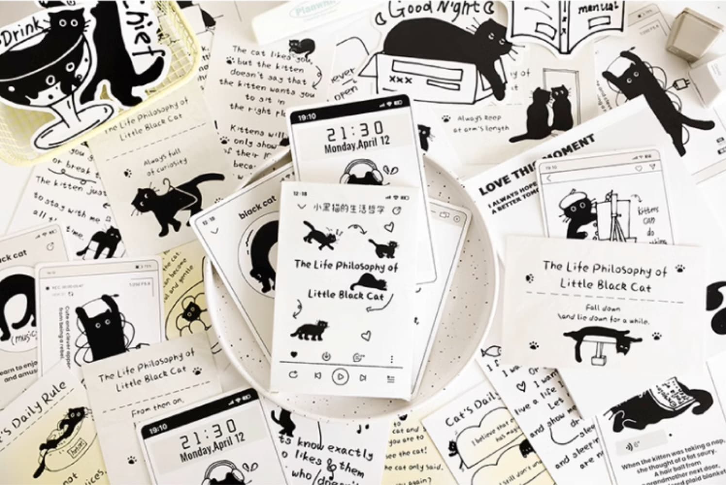 Life Philosophy of Little Black Cat Postcards Collection (30pc) | Japan Cat Party Card | Hand Drawing Cat Postcard Pack | Little Kitten Card