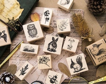 Forest Stamp Collection | Wild Animals Stamp Icon | Herbs Wooden Stamp Rubber Seal | Bee Stamp Birds | Rabbit Stamp Squirrel Pine Cone Stamp