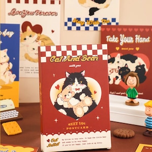 Cat & Bear Postkarten Collection (30stk) | Fat Cat Süßes Kartenset | Hand Zeichnung Katze Postkarten | Kleines Kätzchen | Kitty Memo Karten Set