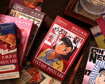 de cartes postales vintage Story (30 pièces) | Jeu de cartes postales du Japon ancien | Carte de voeux de dessin à la main | postale de sushi | Carte de forme d'affiche de dessin animé