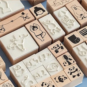Japanese Cute Cartoon Drawing Wooden Stamp Set | Cat Stamp | Arrow Stamp | Wood Rubber Seal | Space Stamp | Notebook Stamp |Polar Bear Stamp