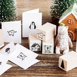 Collection de timbres d'animaux de la forêt de dessins animés | Icône de tampon Animaux sauvages |  Sceau en caoutchouc pour tampon en bois champignon | Tampon Renard Tampon Soleil | Timbre montagne
