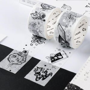 Black & White Masking Tape Set | Art Washi Masking Tape Water Color | Paint Masking Tape Drawing | Space Washi Tape Ink | Planet Tape Galaxy