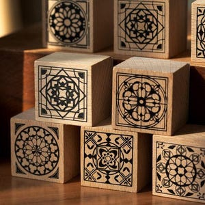 Vintage Tile Pattern Rubber Stamp: Wooden Block, Nature Icon (1.38 in)