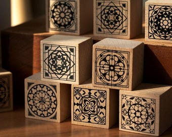 Vintage Tile Pattern Rubber Stamp: Wooden Block, Nature Icon (1.38 in)
