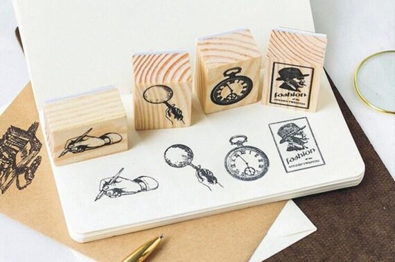 Vintage Icon Wooden Stamp Collection: Magnifier, Watch, Key
