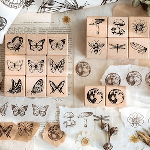 Collection de timbres Herbier forestier | Icône de timbre de papillon sauvage | Sceau en caoutchouc pour tampon en bois champignon | Tampon abeille libellule | Tampon Fleur Lune