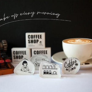Colección de sellos acrílicos de cafetería / Sellos de café / Sellos de goma de madera de grano de café / Sellos para álbumes de recortes / Sellos para cuadernos / Sellos con estilo