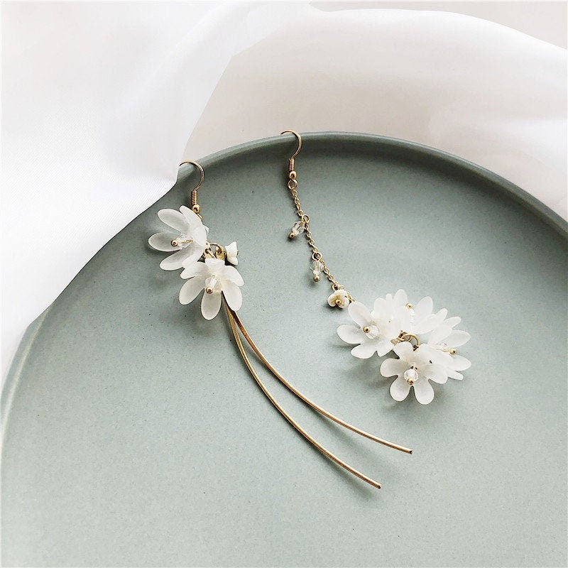 White Petal Dangle Earrings White Flower Drop Earrings | Etsy