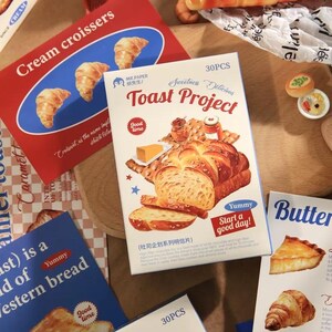 Colección de postales de Toast Project (30 piezas) / Juego de tarjetas de panadería / Caja de postales con dibujos de baguettes / Tarjetas de bagels / Tarjetas de sándwich y croissant