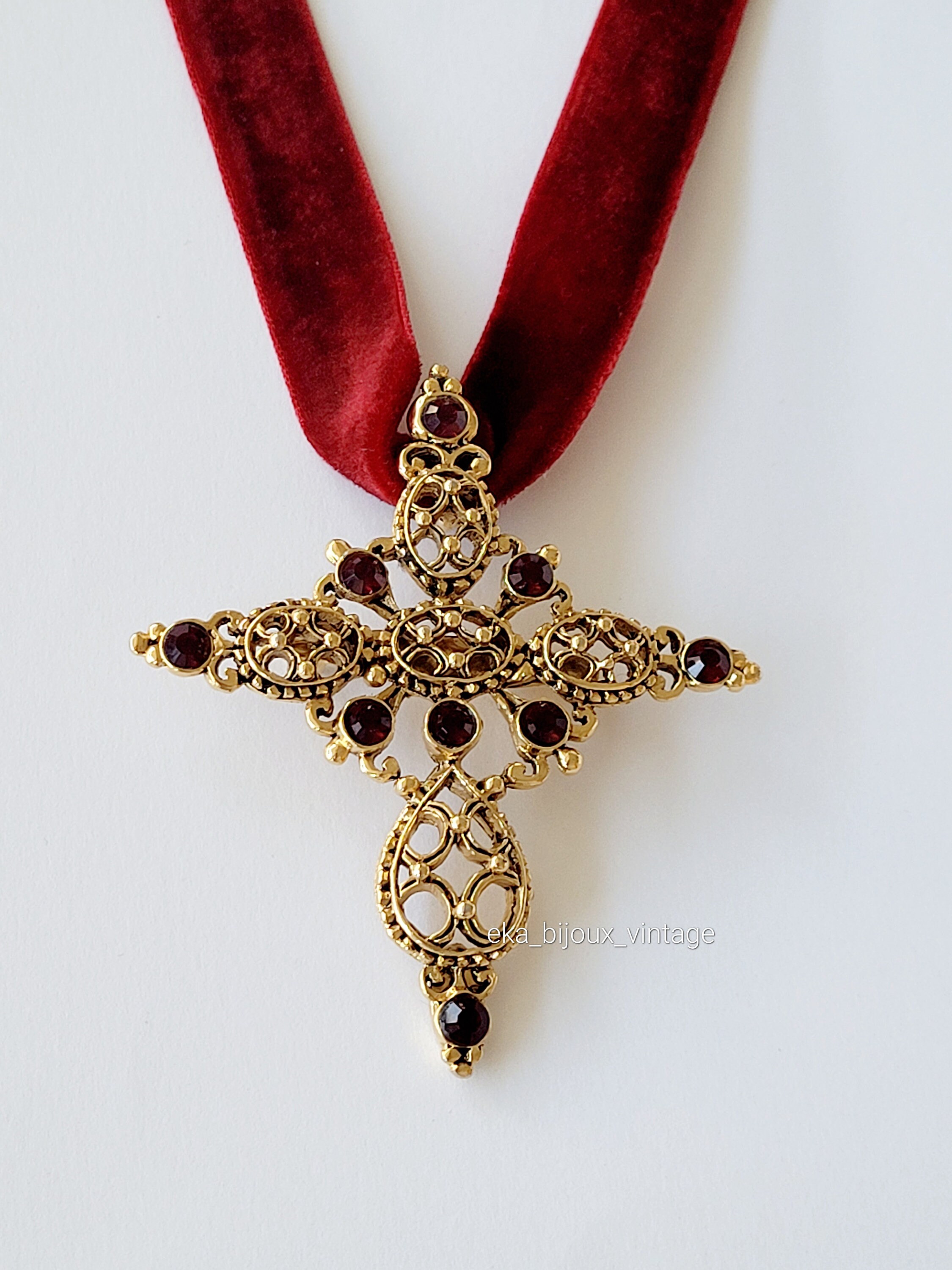 Pendentif Croix Vintage Signé René GOUIN – Doré Et émaillé Orange, Grande Taille, Occasion