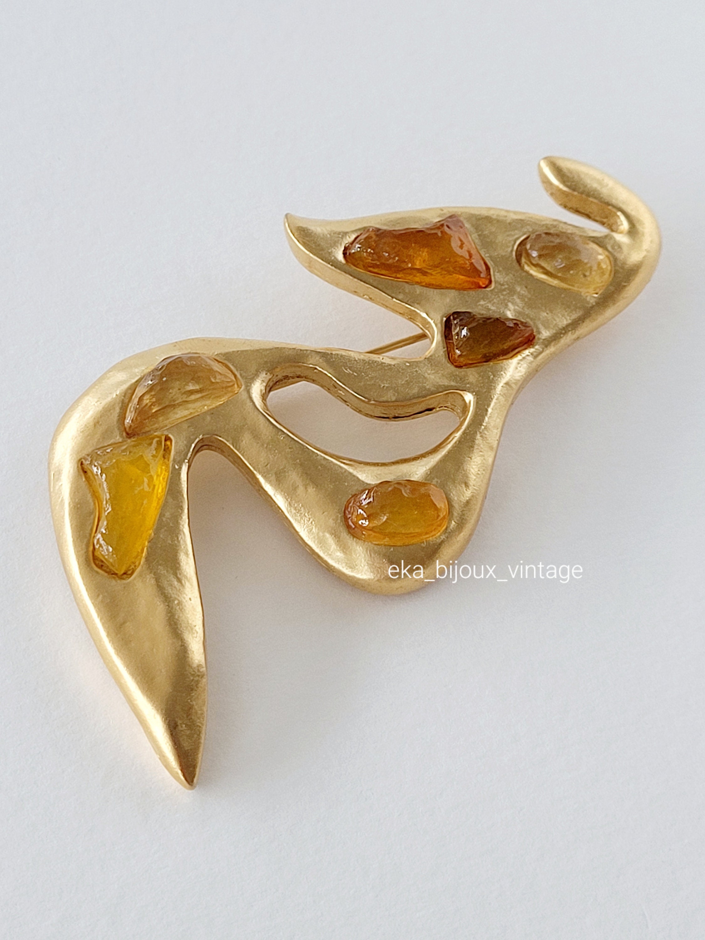 Broche Vintage D ELFA Paris - Soleil Visage Style Cocteau - Métal Doré, Très Bon état