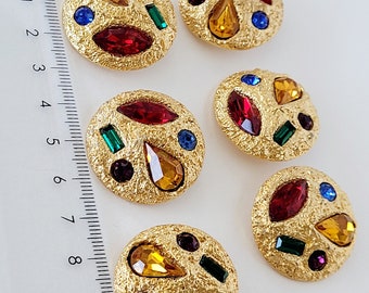 Lot De 6 Gros Boutons Vintage Bleus Avec Cercle Doré - Diamètre 2.6 Cm, Occasion, France