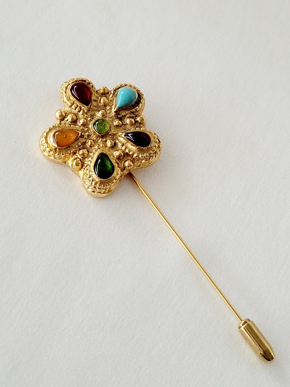 Broche Vintage Jean Patou Années 80 - Cabochon En Verre Motif Soleil - Dorée - Occasion, Neuve ?