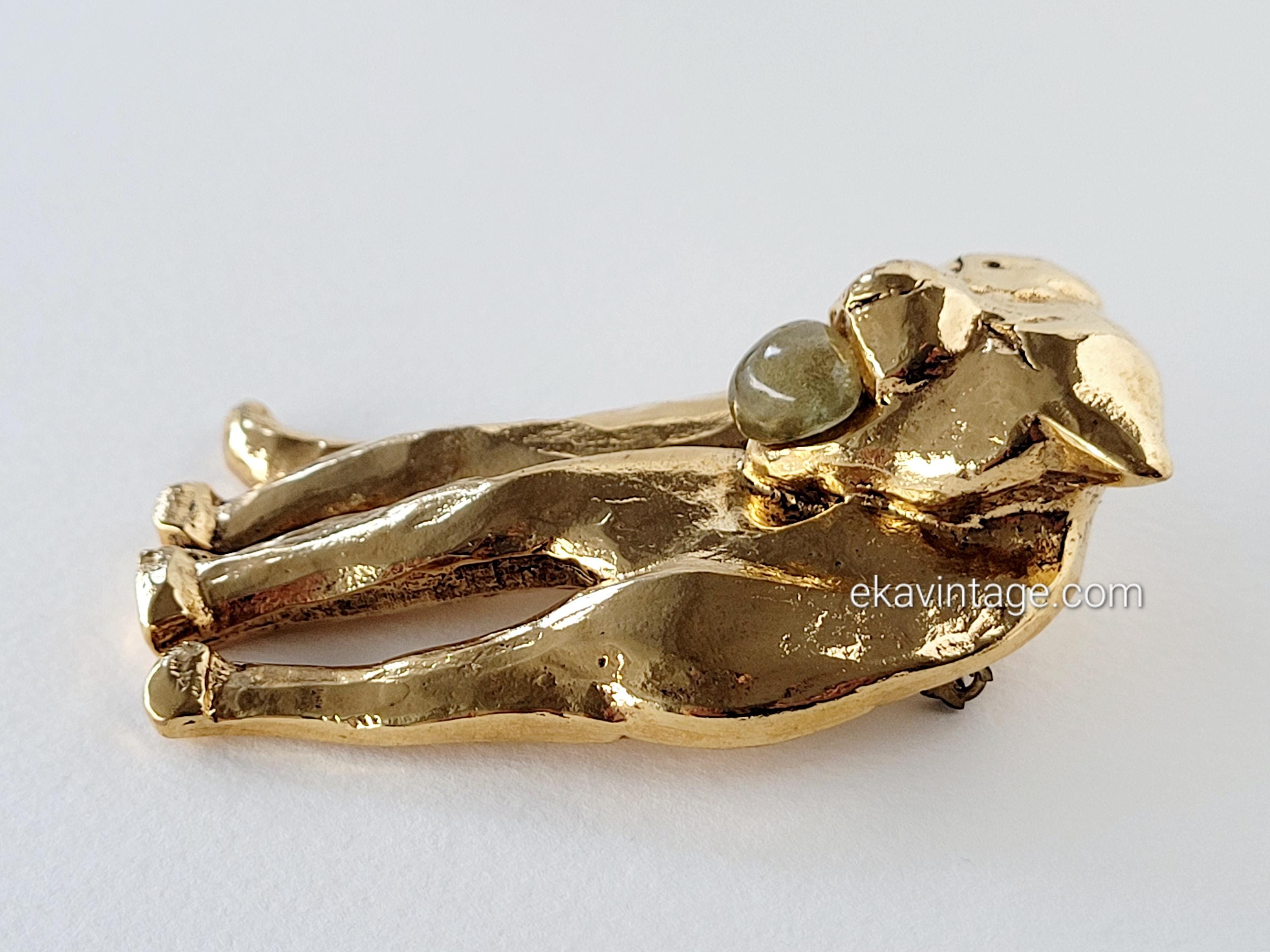 Broche Vintage Signée Estelle Bijoux Paris - Cabochon Résine Doré - Très Bon état