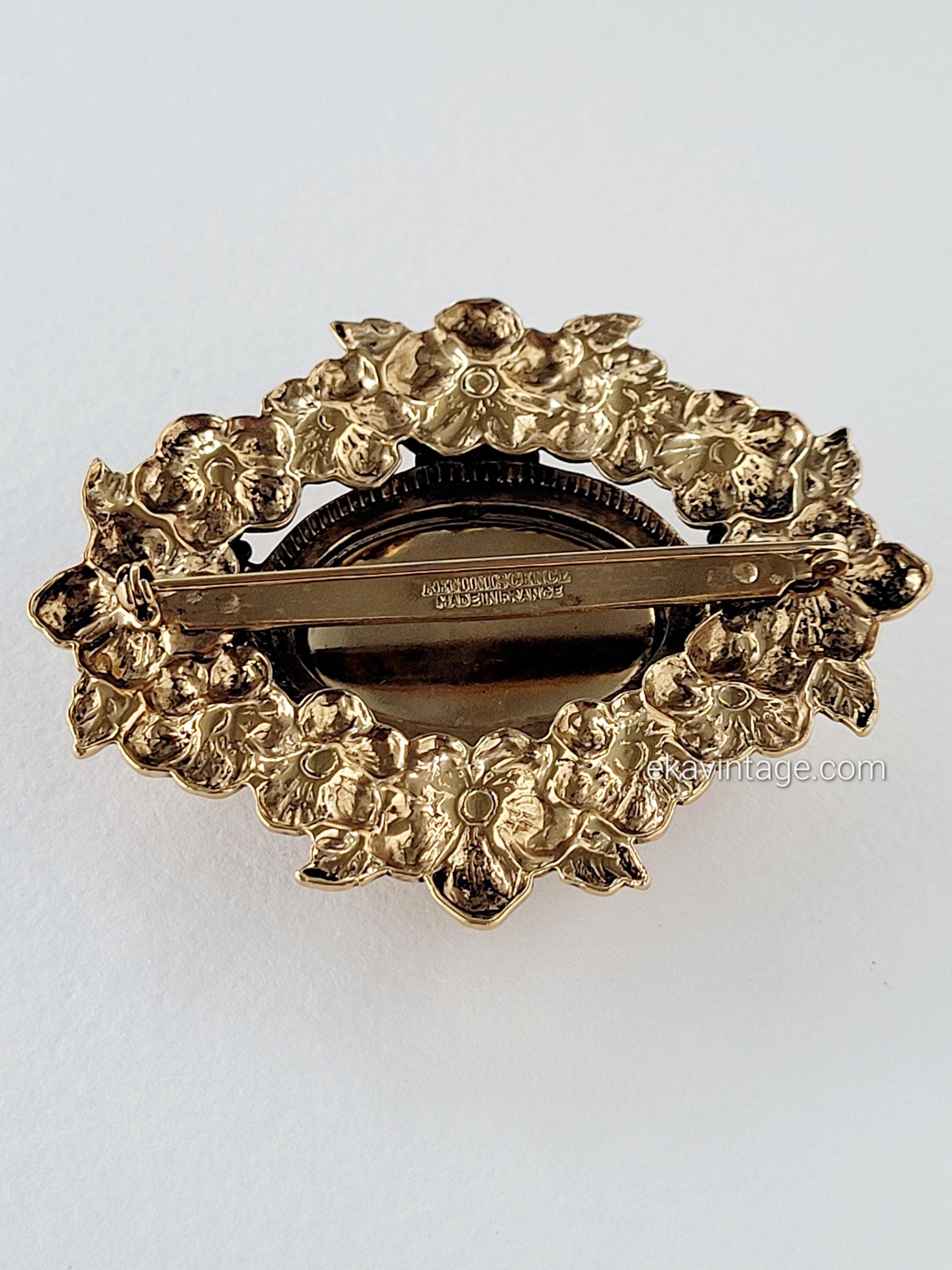 Broche Vintage Brillants Et Cabochon Murano Bleu Et Rose - Occasion - Brillants à Facettes