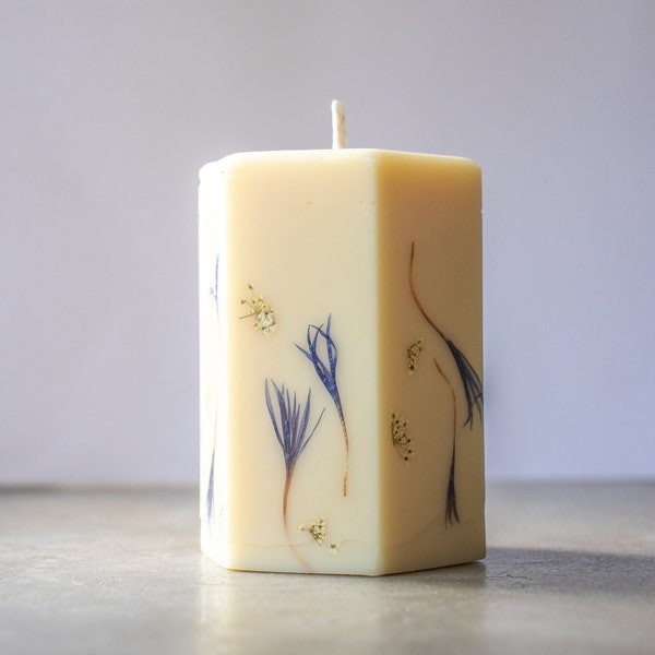 BLUE PILLAR CANDLE Vegan Herbal Moon Foraged Flower Pressed Soy and Candelilla Wax