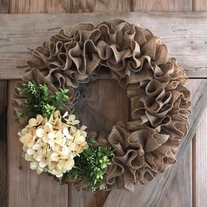 Burlap Wreath | Farmhouse Wreath with Hydrangea | Neutral Wreath | Wall Decor | Front Door Wreath | Summer Wreath | Summer Burlap Wreath.