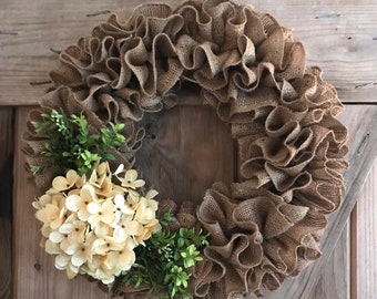 Couronne en toile de jute | Couronne de ferme avec hortensia | Couronne neutre | Décoration murale | Couronne de porte d'entrée | Couronne d'été | Couronne d'été en toile de jute.