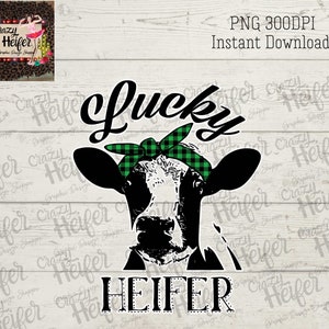 Lucky Heifer St Patricks Day Green Buffalo Plaid  Black White Outlined Dye Sublimation Design Digital Download