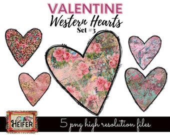 May include: Five digital clip art images of pink, red, and blue hearts with a western theme. The hearts have a distressed, vintage look with floral patterns and leopard print. The text "Valentine Western Hearts Set #3" is at the top of the image.