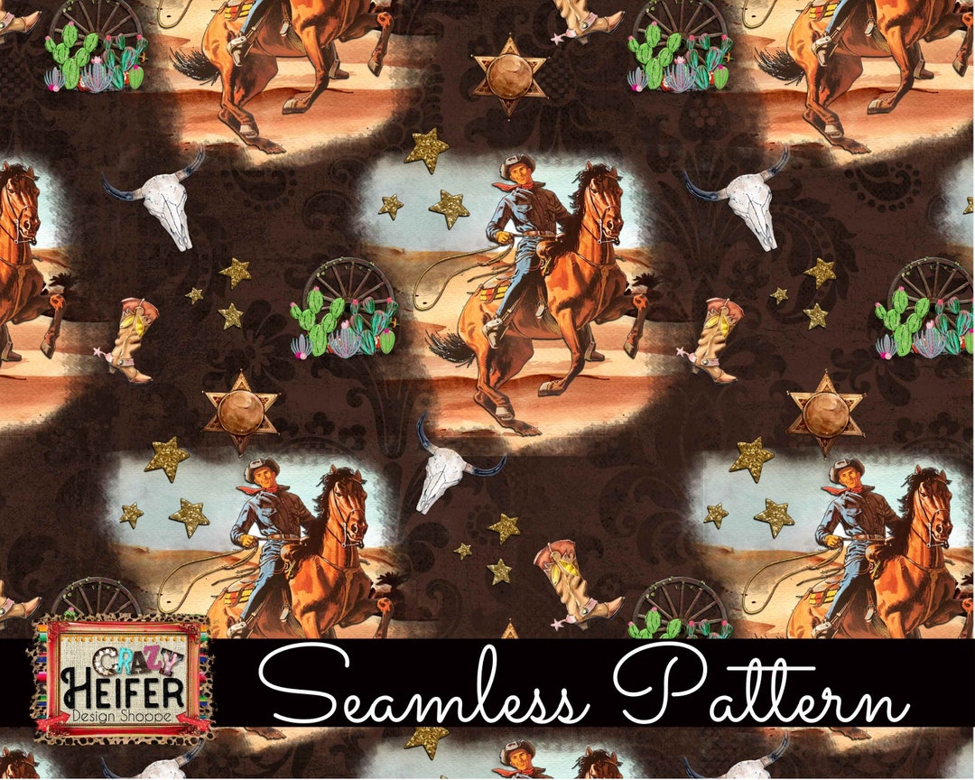 Seamless Pattern Vintage Retro Western Southwestern Cowboy Cowgirl ...