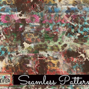May include: Seamless pattern featuring a colorful abstract design with brown, blue, green, pink, and yellow hues. The pattern has a distressed, vintage look with faded and layered paint effects.