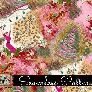 May include: A seamless pattern featuring a pink, green, and gold Christmas tree, a pink and gold star, a leopard print, a deer, and a woman in a pink dress and Santa hat. The pattern is on a red, pink, and gold background.