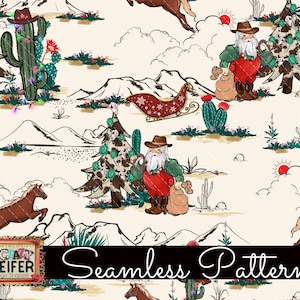 Western Weihnachten Vintage Retro Santa Nahtlose Muster Southwestern Cowboy Cowgirl Hintergrund Stoff Sublimation Design