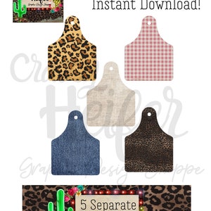 Cattle Ear Tag Cow Tag Burlap Leopard Denim Country Farm Clipart PNG Scrap book Dye Sublimation Embellishments Digital Download