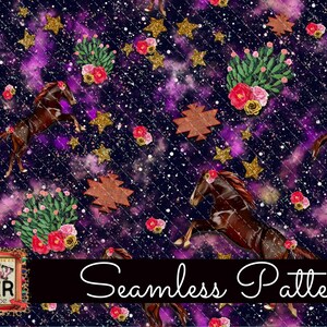 Seamless Pattern horse galaxy outer space Cowboy Cowgirl Background Fabric Grunge Dye Sublimation Design