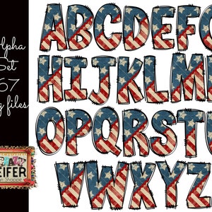 Patriotic Rustic July 4th Letters Alphabet Doodle Alpha Set Dye Sublimation Design Digital Download