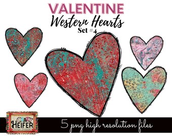 May include: Set of five digital Valentine's Day graphics featuring distressed, hand-drawn hearts with various patterns and textures. The text "VALENTINE Western Hearts Set #4" is included in the image.