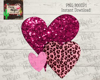 3 Hart Valentine Pink Leopard Plaid Glitter Dye Sublimatie Design Digitale Download