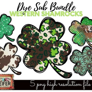Western St Patricks Day Shamrock Trevo de 4 folhas Couro de vaca Leopardo Cheetah Southwestern BOHO Dye Sublimation Design Download digital