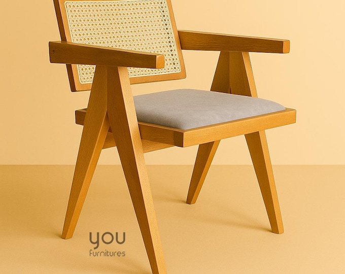 Pierre Jeanneret Style Chair - Wooden Dining Chair with Wooden Arms - Wooden Legs - Leather/Velvet Seat