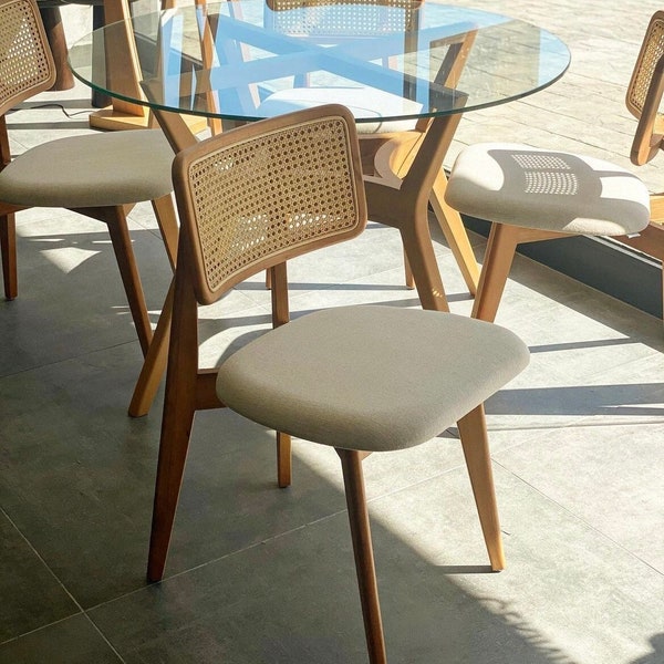 Hölzerner Rattan-Dine-Stuhl - Vintage Ess- und Wohnzimmerstühle - Esszimmer-Set-Optionen mit personalisiertem Sitz und Fleck - Rustikales Wohndesign