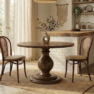 Mesa redonda con pedestal / Opciones de tamaño y tinte de madera personalizados / De 3 a 6 plazas / Muebles de comedor / Mesa minimalista