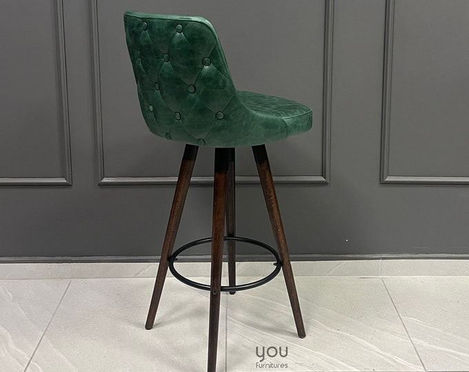 Swivel Personalized Height Stool with Genuine Leather - Lily Swivel Stool - Swivel Counter / Bar Stools - Tufted Back - 360 degrees swivel