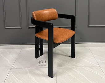 Silla - Silla moderna de mediados de siglo con cuero genuino - Sillas de diseño para sala de estar y comedor - Opciones de juegos de comedor personalizados